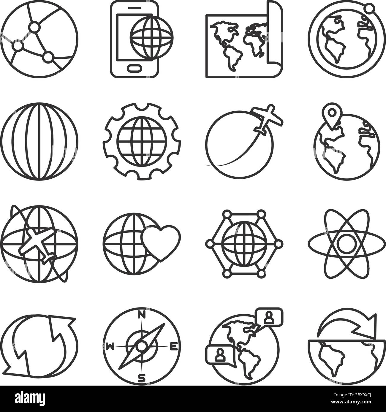 global and world icon set over white background, line sytle, vector ...