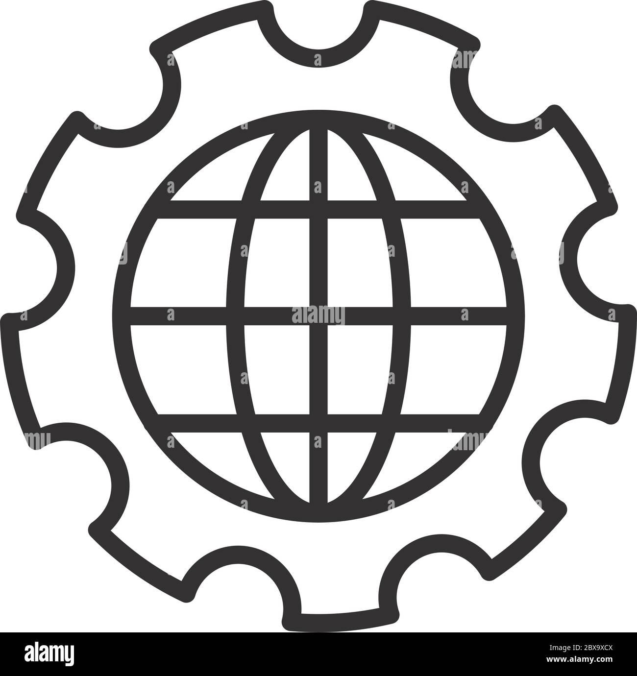 gear wheel with global sphere icon over white background, line sytle ...