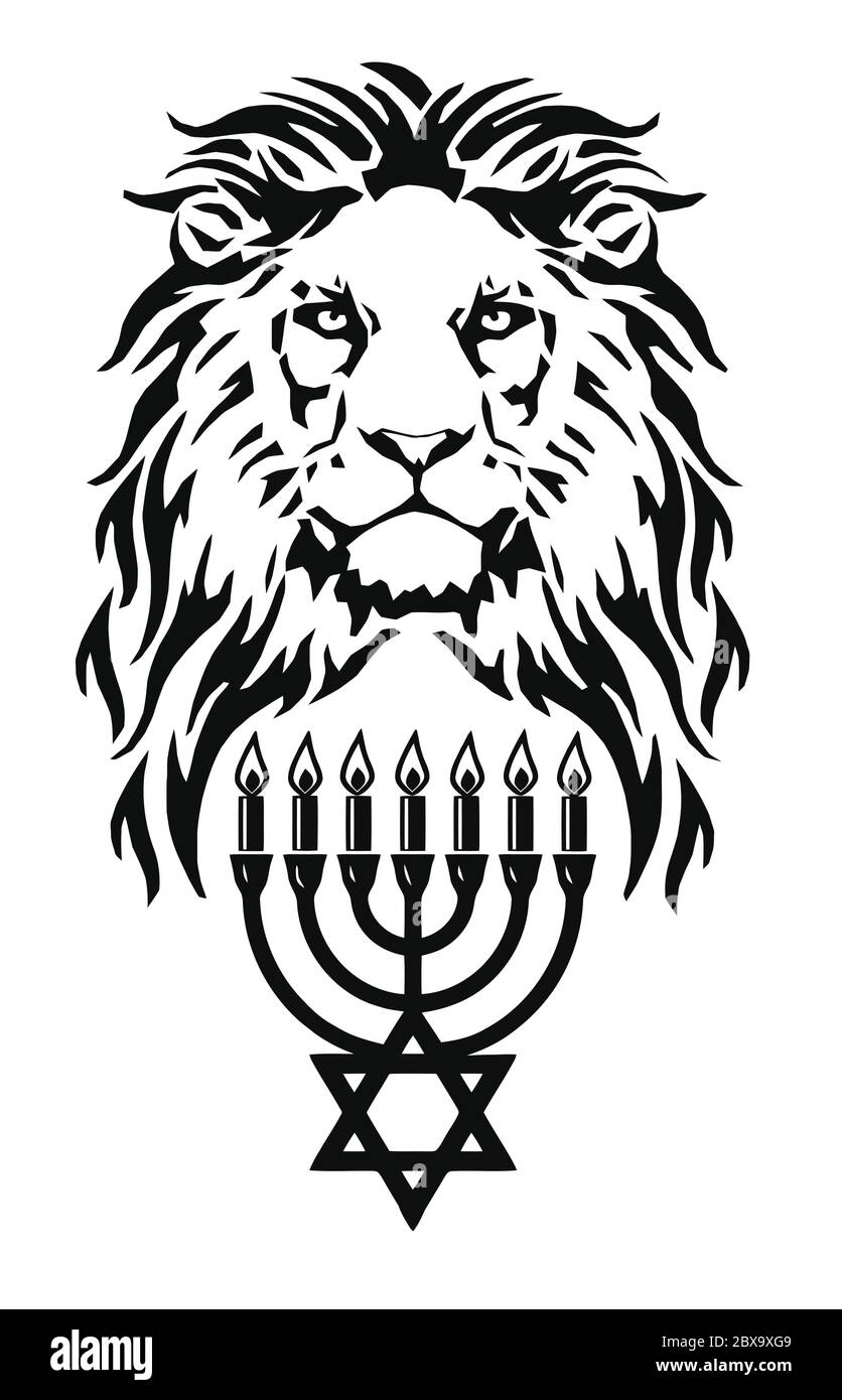 The Lion and the symbol of Judaism - star of David, Megan David and Menorah, drawing for tattoo, on a white background, vector Stock Vector