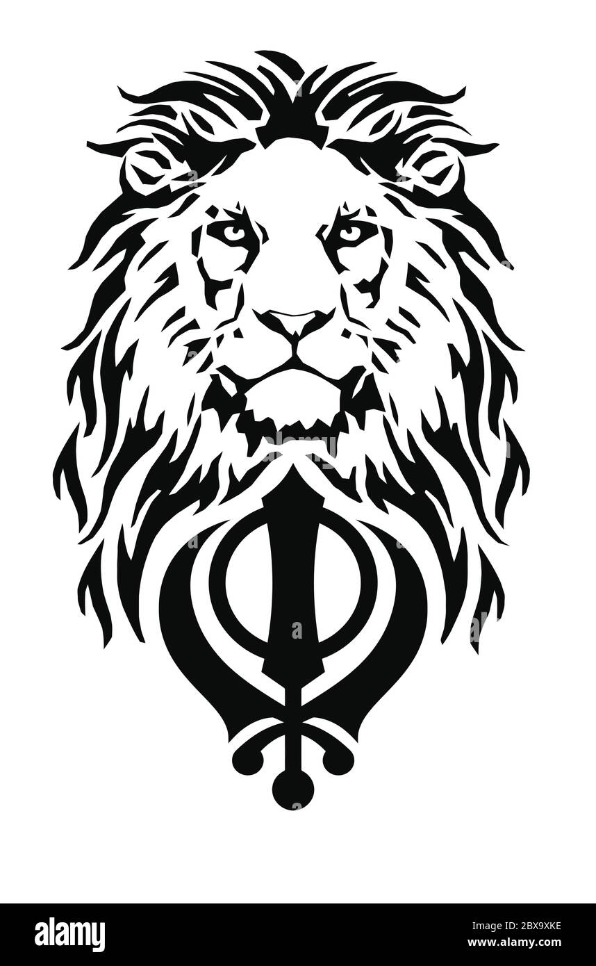 The Lion and the most significant symbol of Sikhism - Sign of Khanda, drawing for tattoo, on a white background, vector Stock Vector