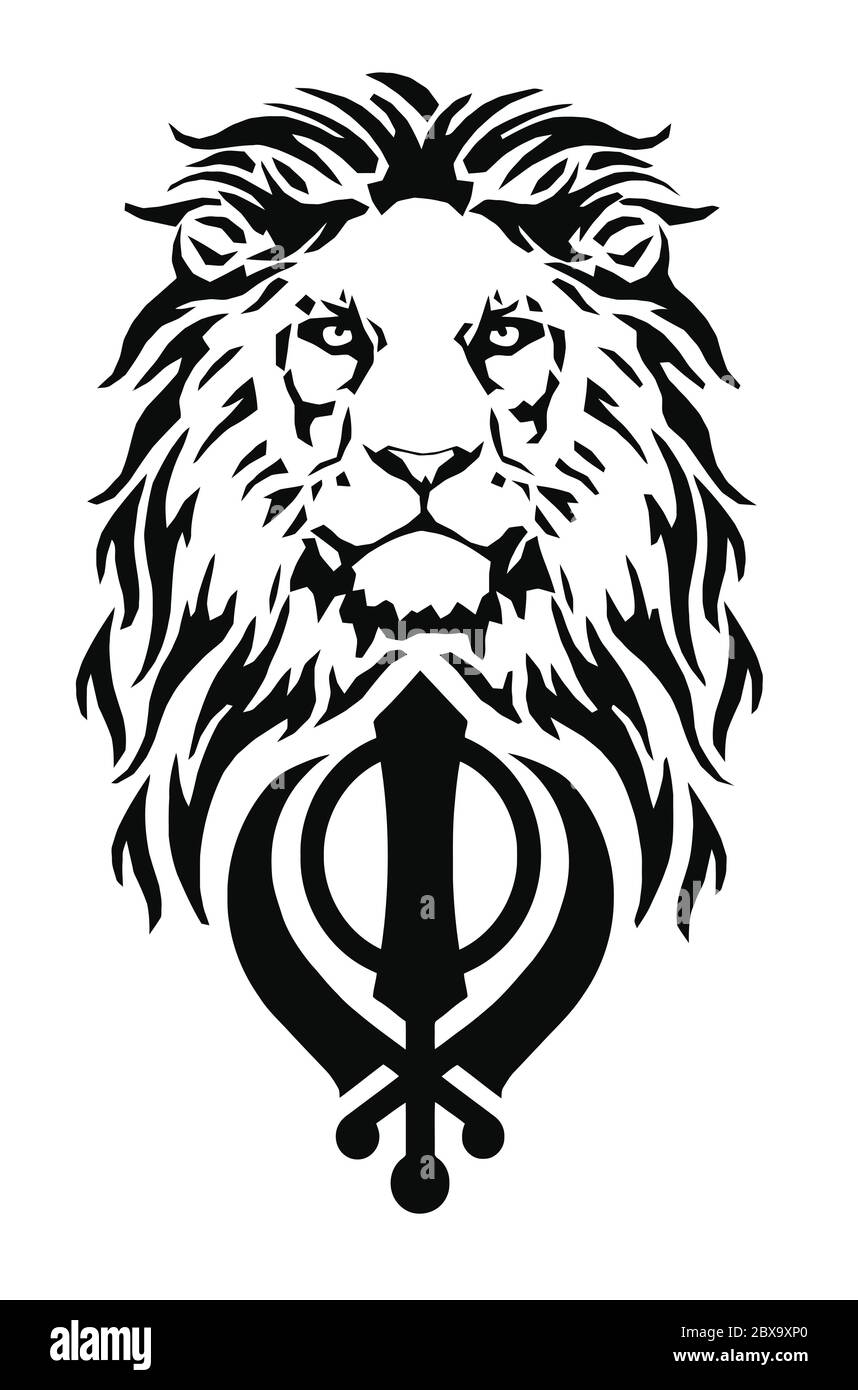 The Lion and the most significant symbol of Sikhism - Sign of Khanda, drawing for tattoo, on a white background, vector Stock Vector