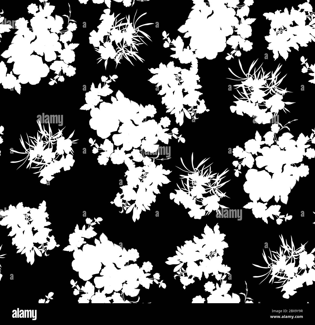 Floral seamless pattern with different flowers and leaves. Black and ...