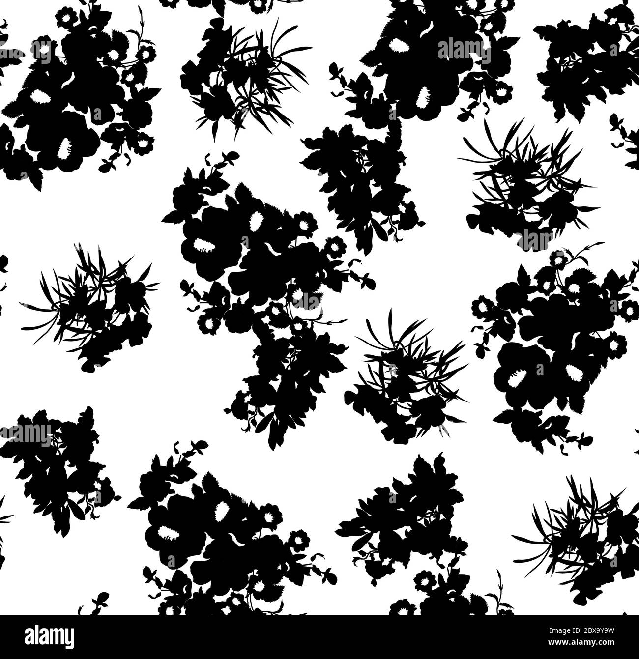 Floral seamless pattern with different flowers and leaves. Black and ...