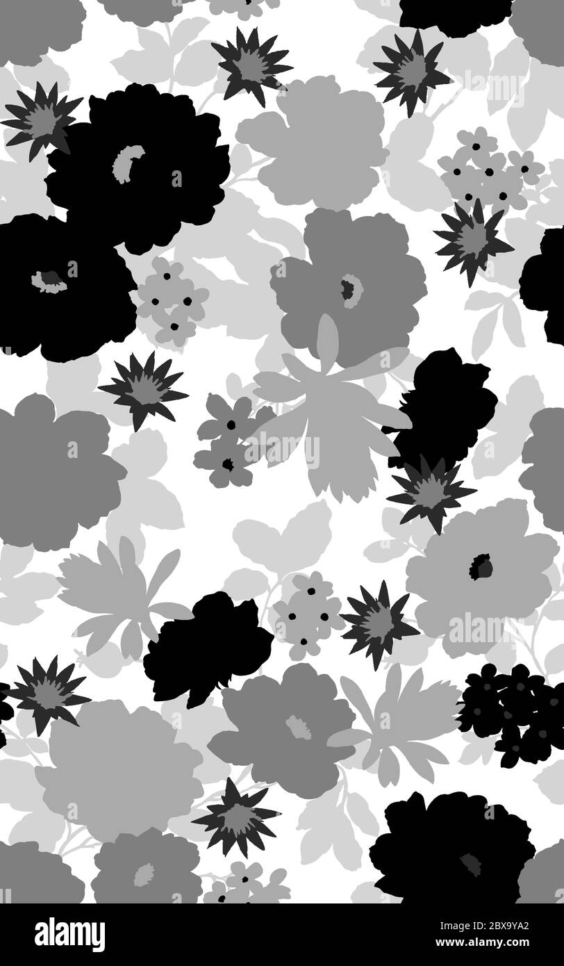 Floral seamless pattern with different flowers and leaves. Black and ...