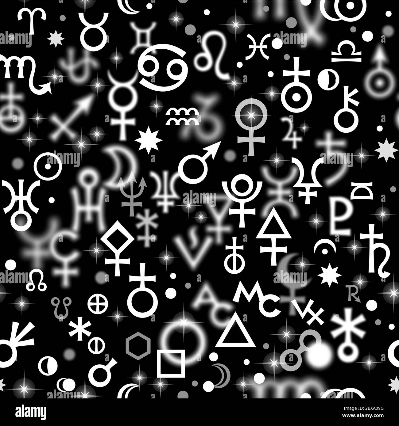 Astrological hieroglyphic signs, Mystic kabbalistic symbols. Chaotic seamless pattern. Stock Photo