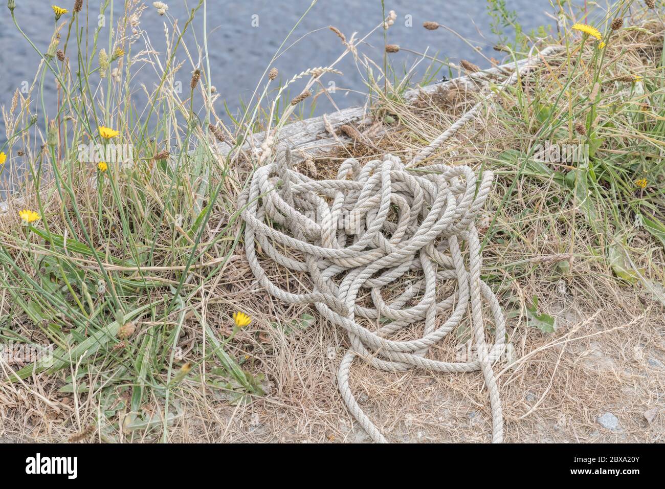 Boat mooring ropes coiled on quayside of a river. Metaphor boating