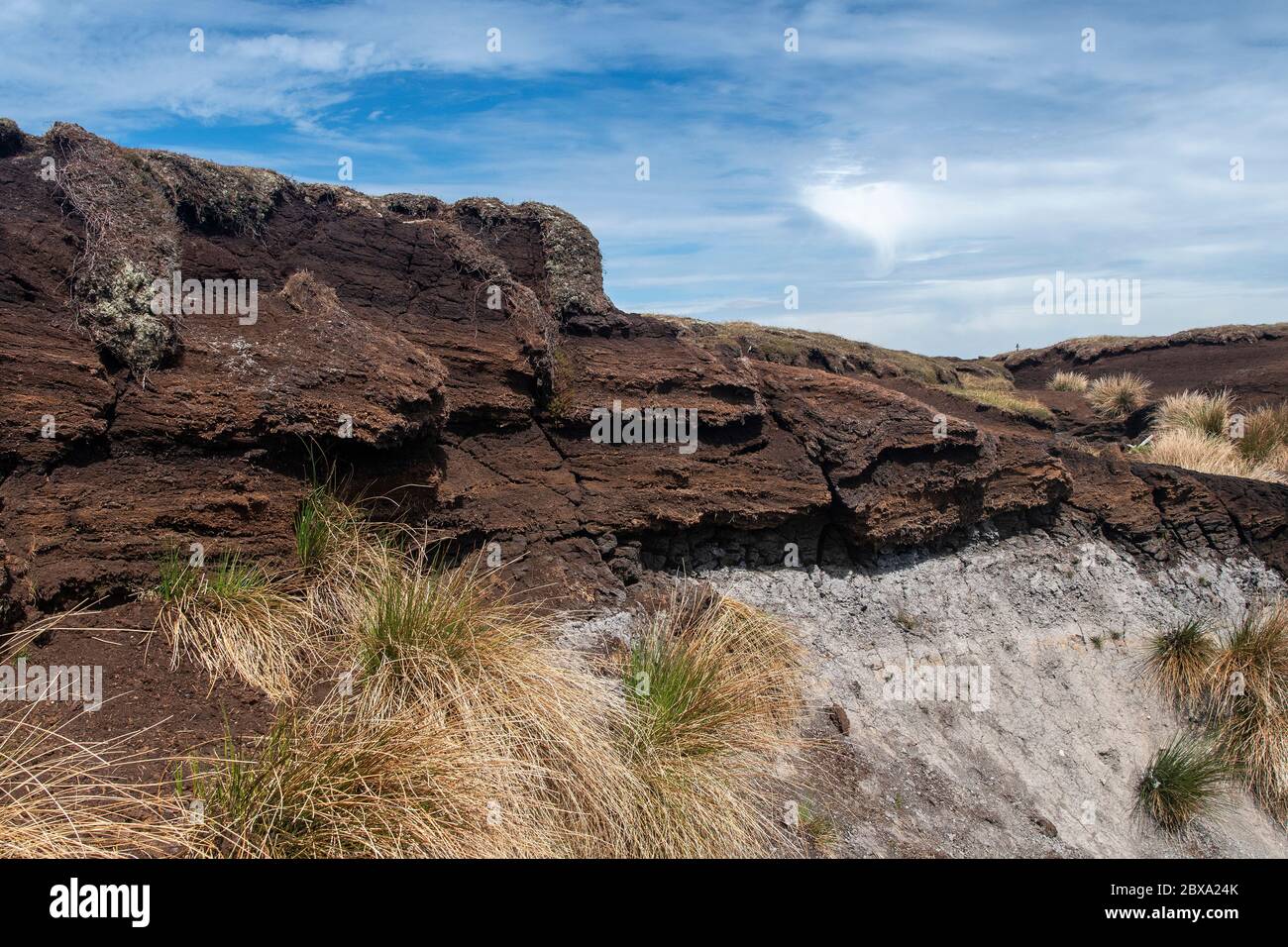 Collapsed coal workings showing the depth of peat, an important cabon capture, on Stonesdale Moor in the Yorkshire Dales National Park, UK. Stock Photo