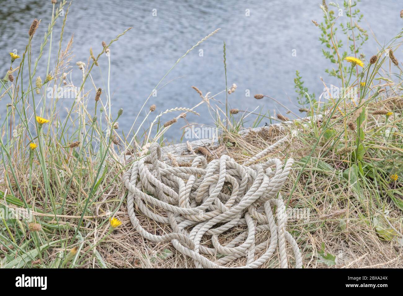 Boat mooring ropes coiled on quayside of a river. Metaphor boating