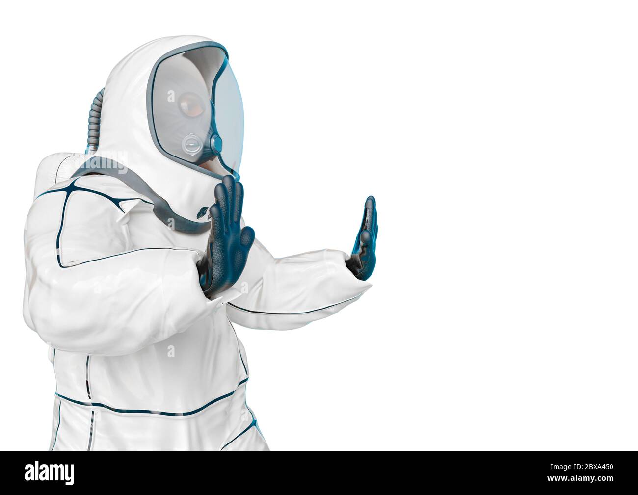 bio hazard man back away in a white background side view. This ...