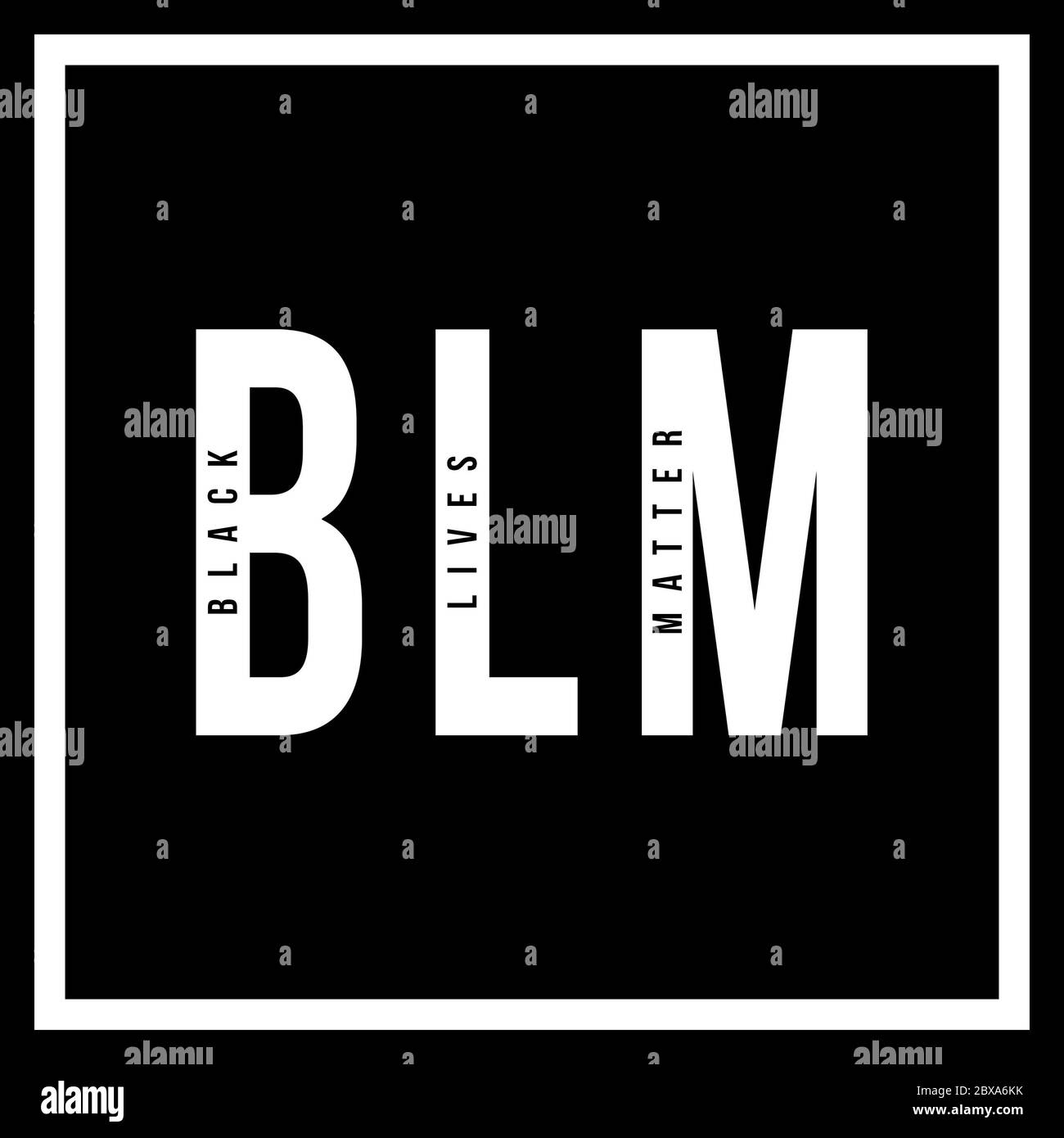 A square black and white BLM Black Lives Matter text illustration to raise awareness about racial inequality. Stock Photo