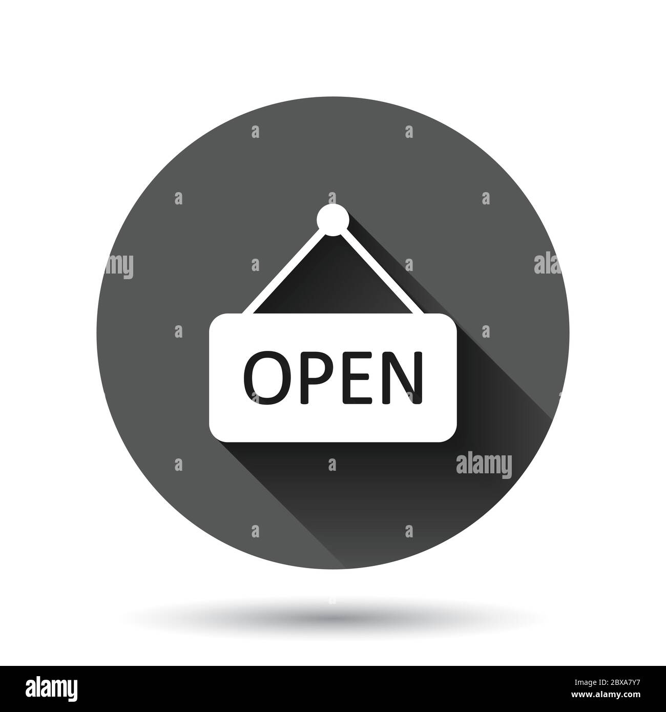Open sign icon in flat style. Accessibility vector illustration on black round background with long shadow effect. Message circle button business conc Stock Vector