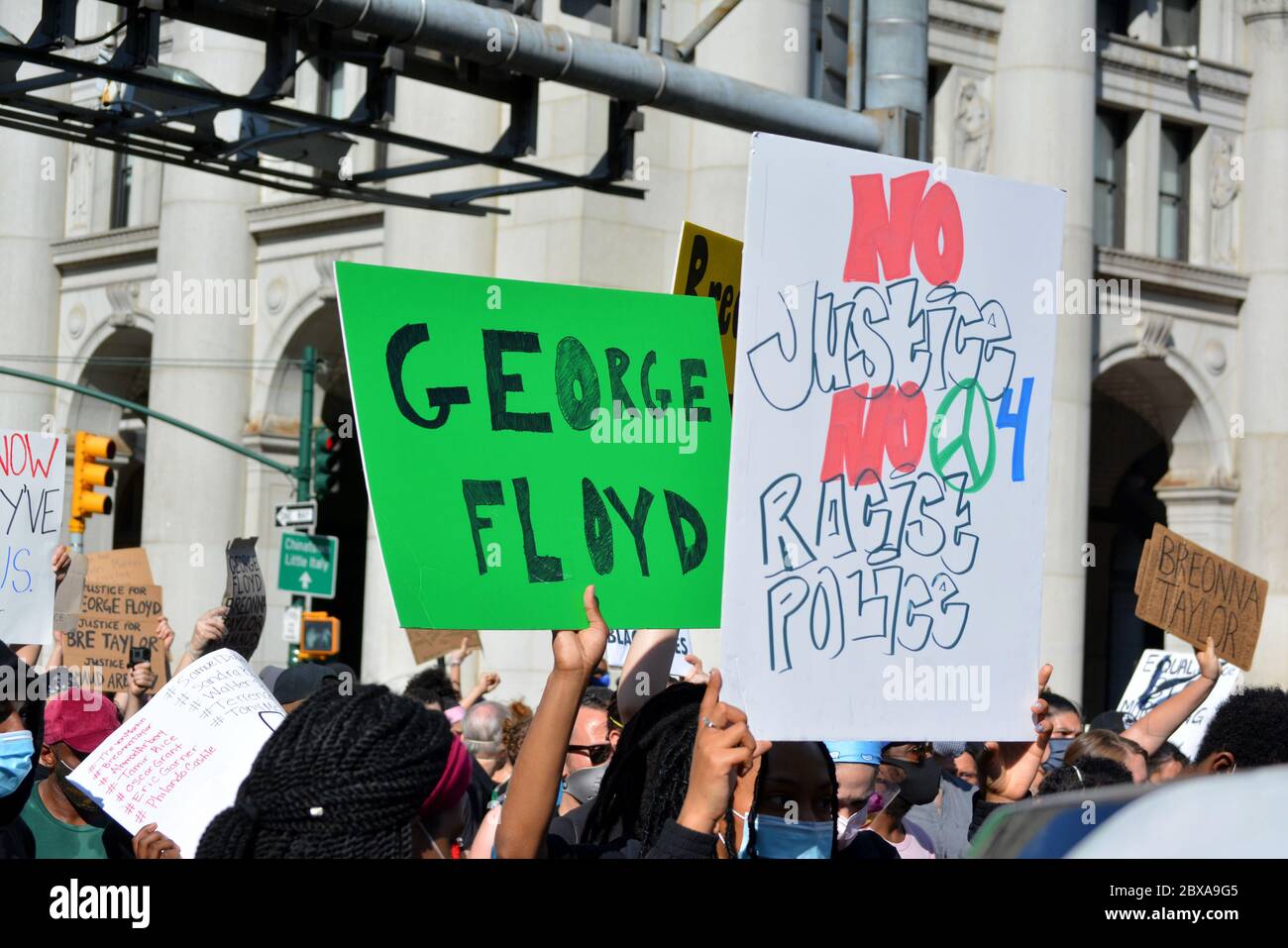 Protest against police brutality following the death of George Floyd by Minneapolis Police in Lower Manhattan. Stock Photo