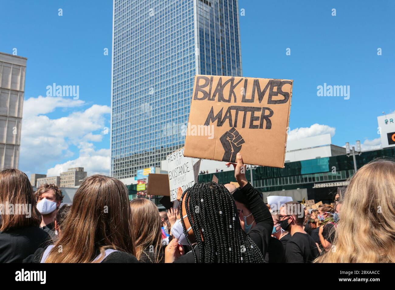'Black Lives Matter' sign at a Black Lives Matter protest following the death of George Floyd on Alexanderplatz Berlin, Germany. Stock Photo