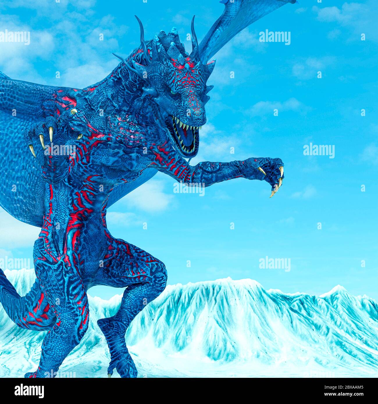 blue ice dragon attack on frozen land 3d illustration Stock Photo
