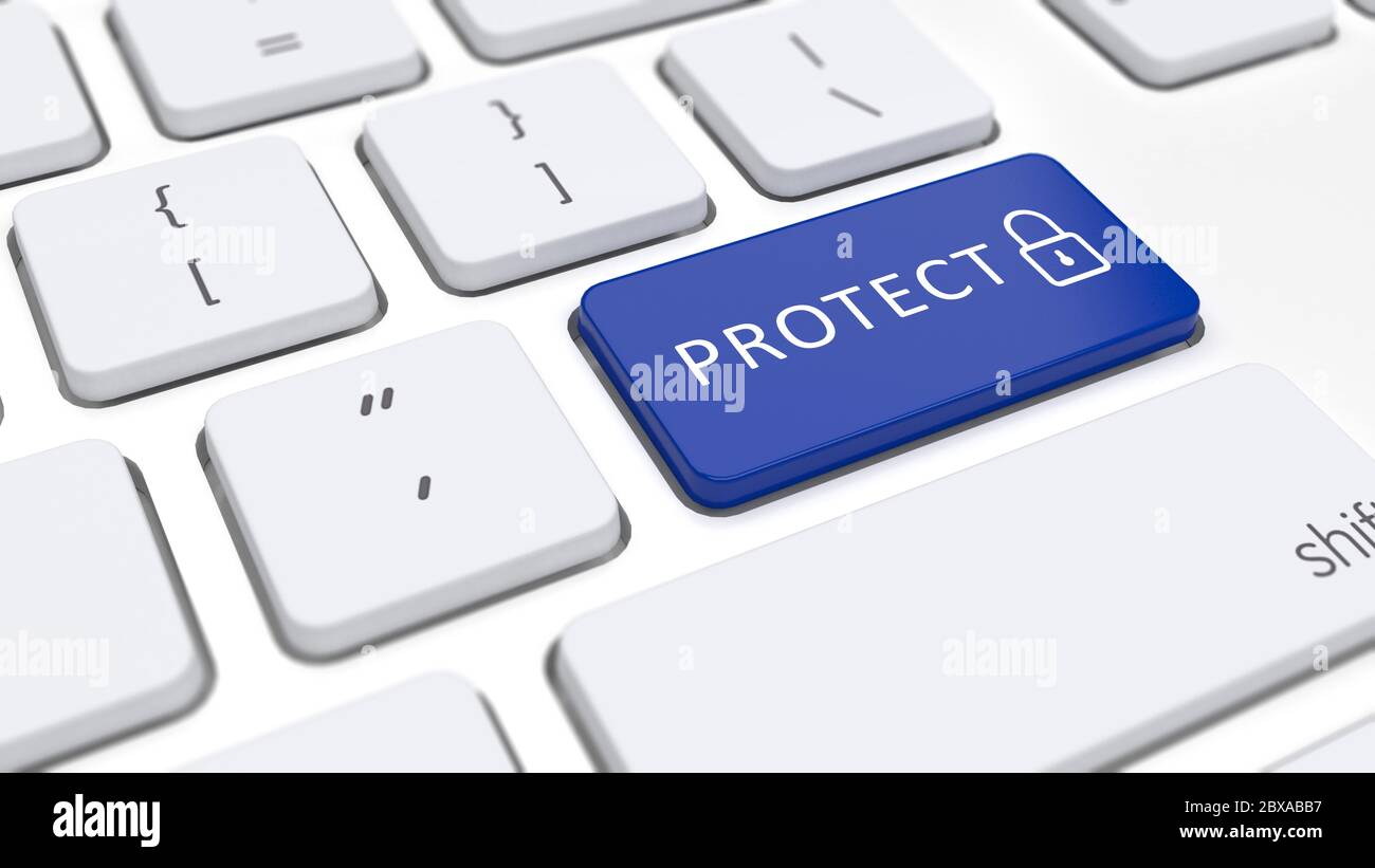 Computer keyboard with protect button for security concept. 3D illustration Stock Photo