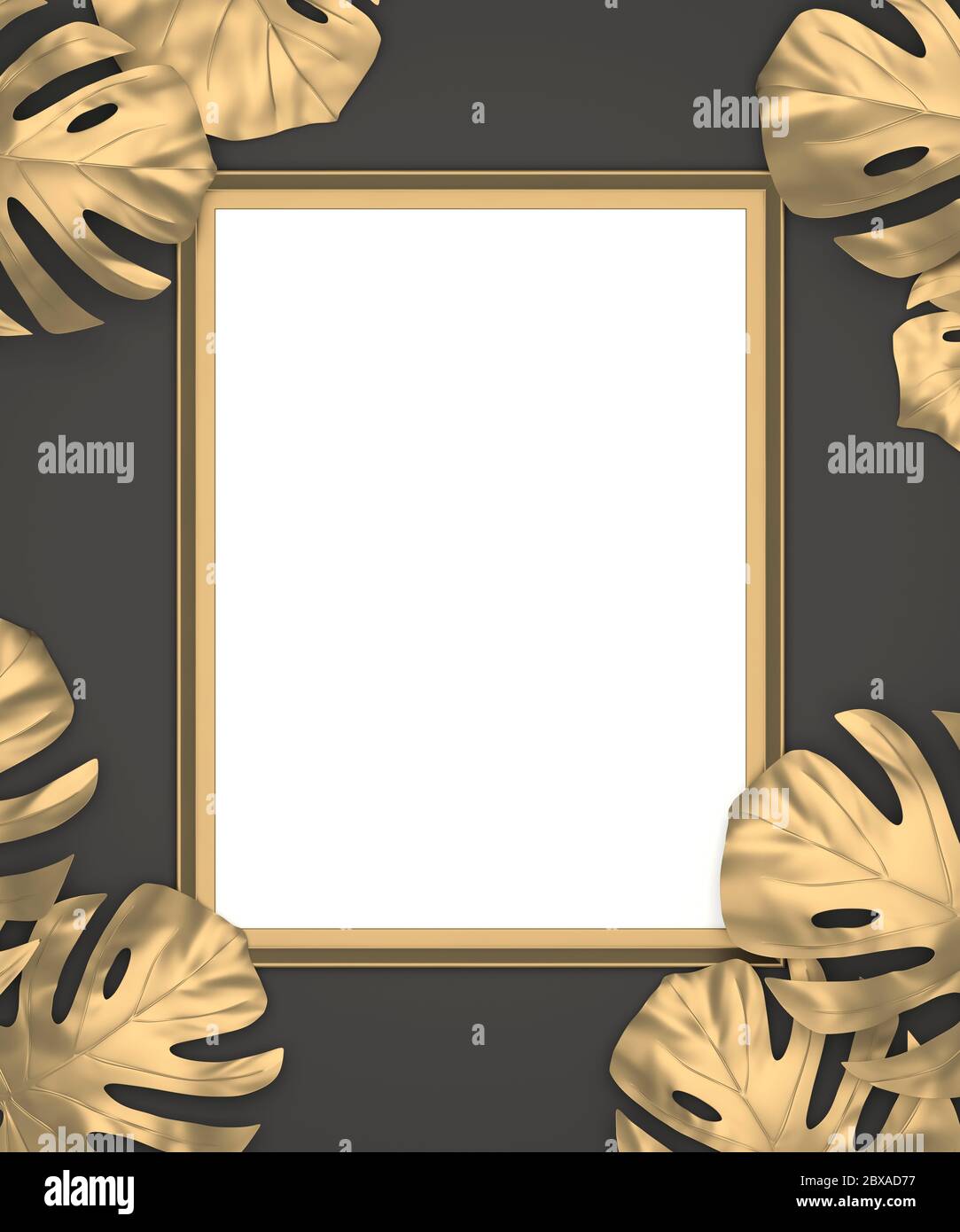 mockup of golden frame with blank copy space in a black wall background  with golden tropical leaves in the borders, 3d illustration Stock Photo -  Alamy