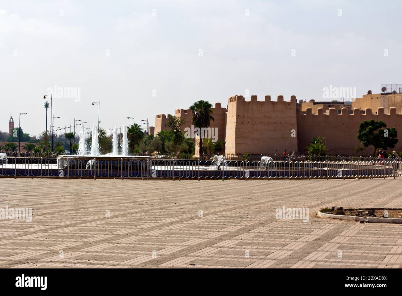 Fountains in front of the city walls around the Kasbah of Taroudant, Morocco Stock Photo