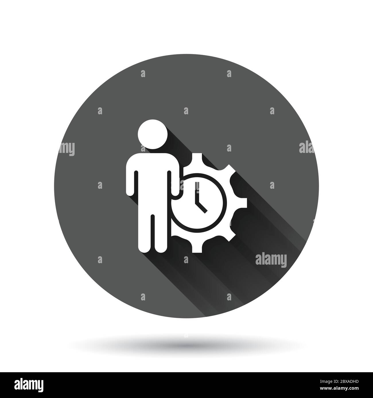 People and clock icon in flat style. Gear with user vector illustration on black round background with long shadow effect. Businessman circle button b Stock Vector