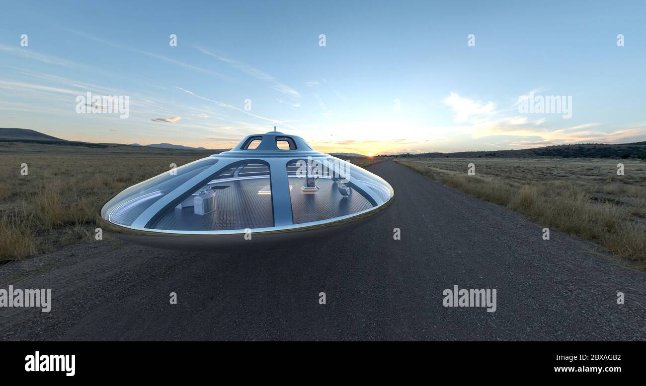 ufo space ship floating on the road again, 3d illustration Stock Photo