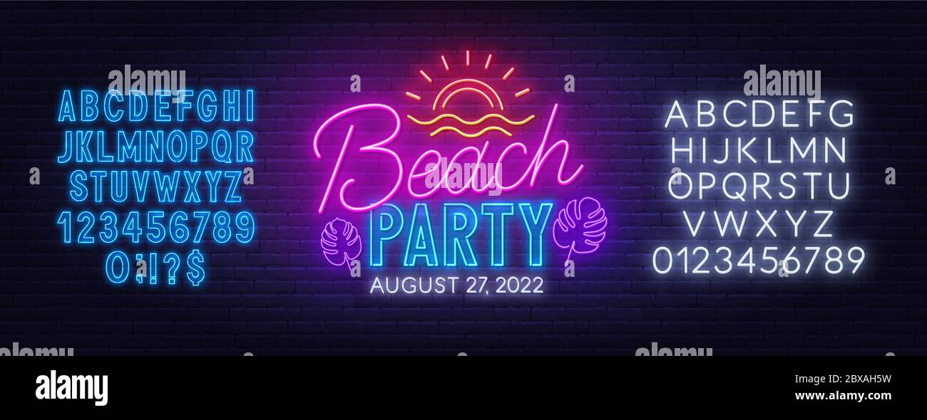 Beach party neon sign on brick wall background. Template for design with fonts Stock Vector