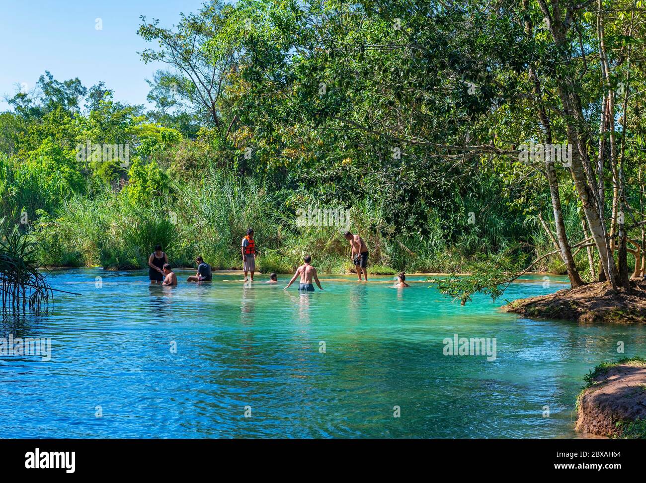 People swimming and relaxing in the turquoise water pools and cascades in the rainforest and jungle setting in the Mexican state of Chiapas, Mexico. Stock Photo