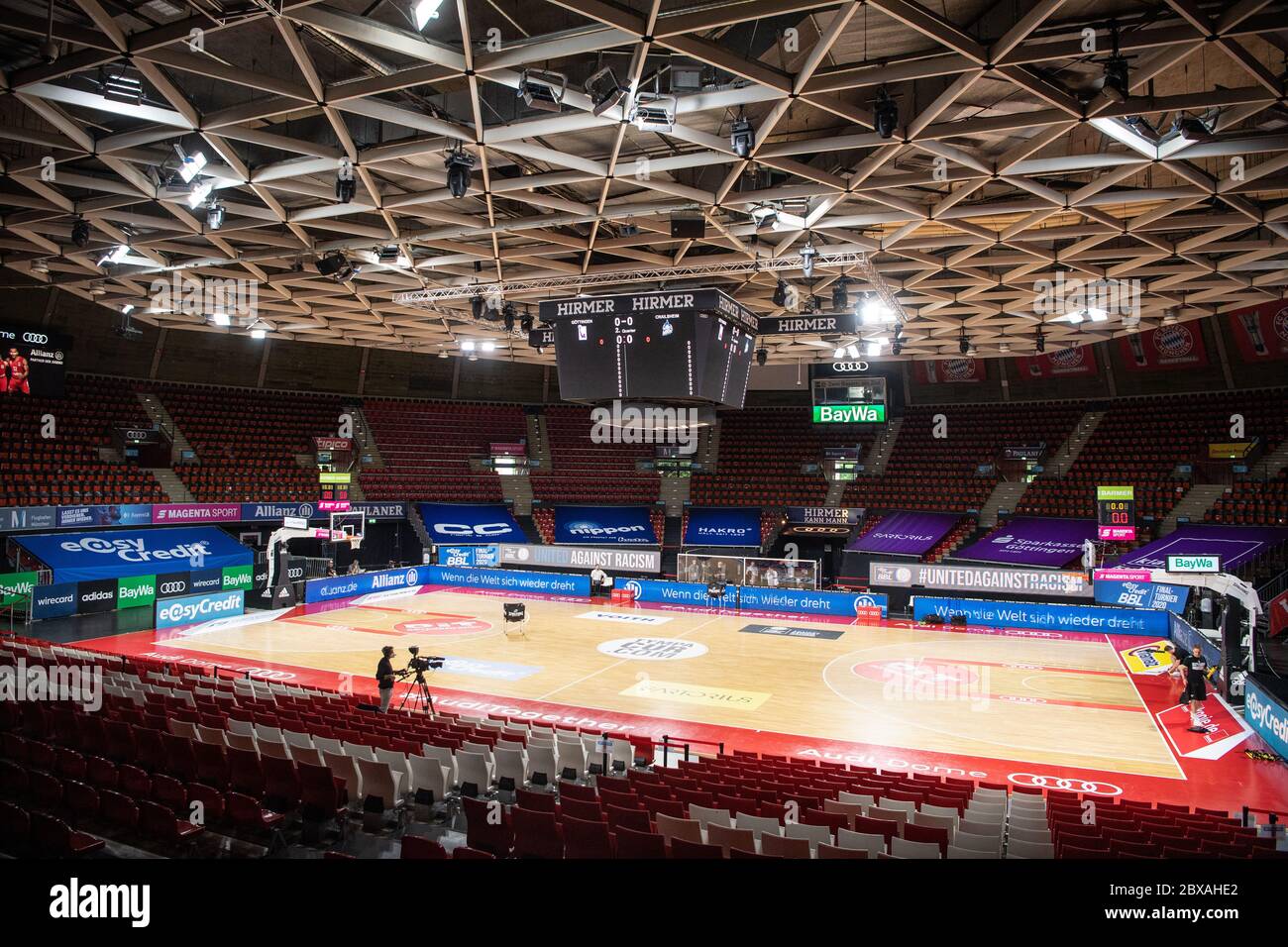 Munich, Germany. 06th June, 2020. Basketball: Bundesliga Final Tournament,  BG Göttingen - Hakro Merlins Crailsheim, preliminary round, Group A, 1st  matchday at the Audi Dome. The empty grandstand can be seen before