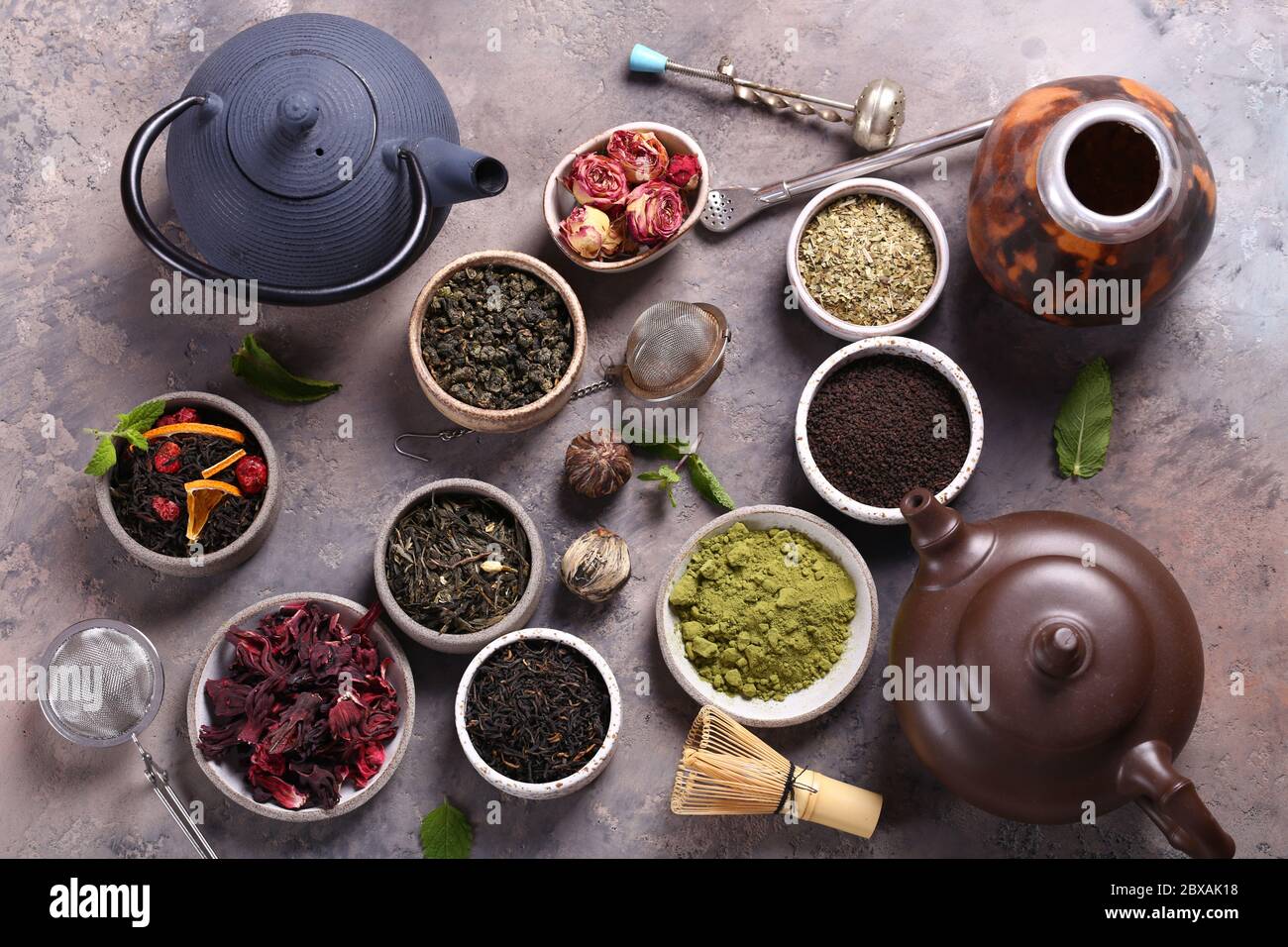 Assorted Made Tea assortment of various tea and teapot Stock Photo - Alamy