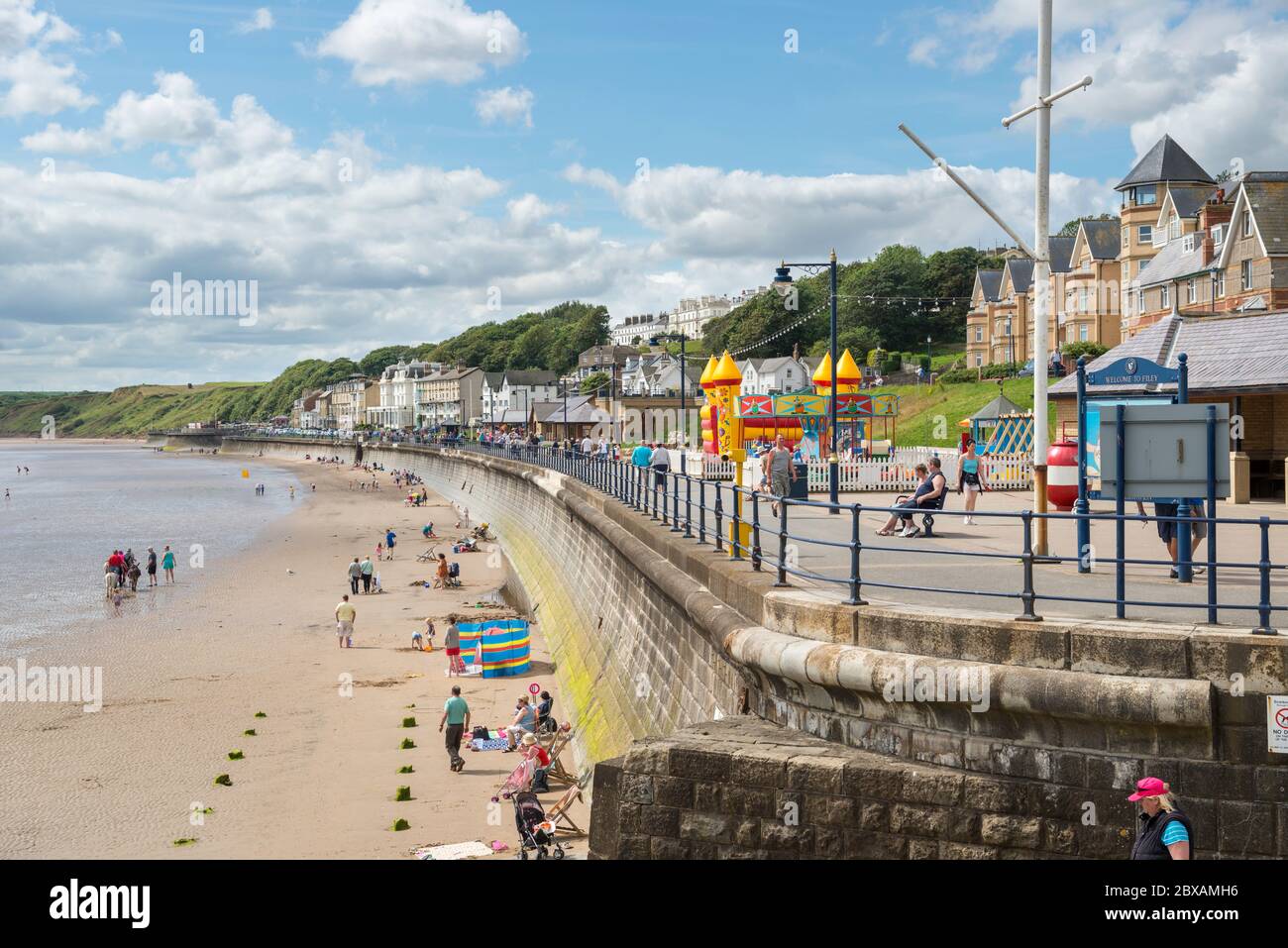 The promenade, beach and bay at Filey, a traditional British seaside resort in North Yorkshire