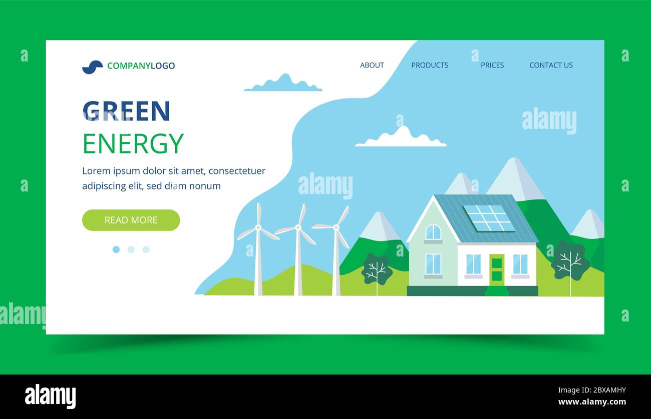 Green energy landing page with a house with solar panels, wind turbines ...