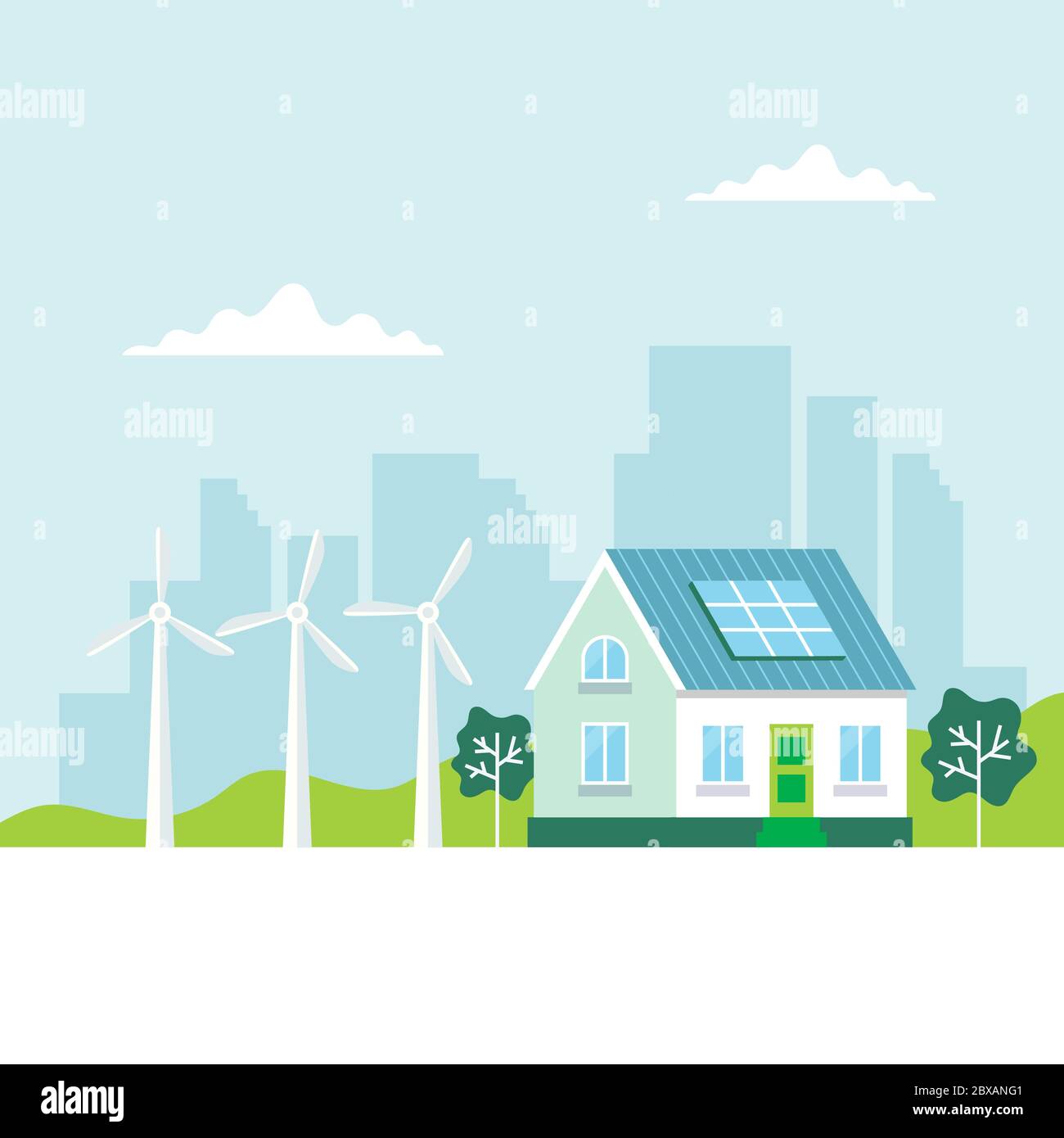 Green energy illustration with a house, solar panels, wind turbines ...