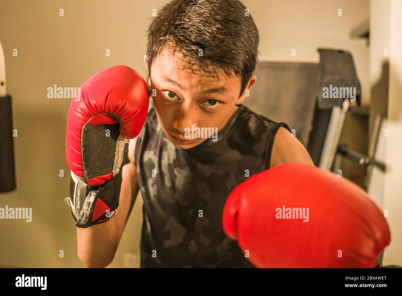 Asian American teenager boxing on gym . young handsome and fierce