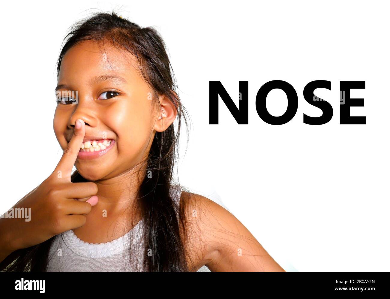 English learning body and face parts school card with beautiful and happy  Asian child pointing her nose smiling cheerful making fun isolated on white  Stock Photo - Alamy