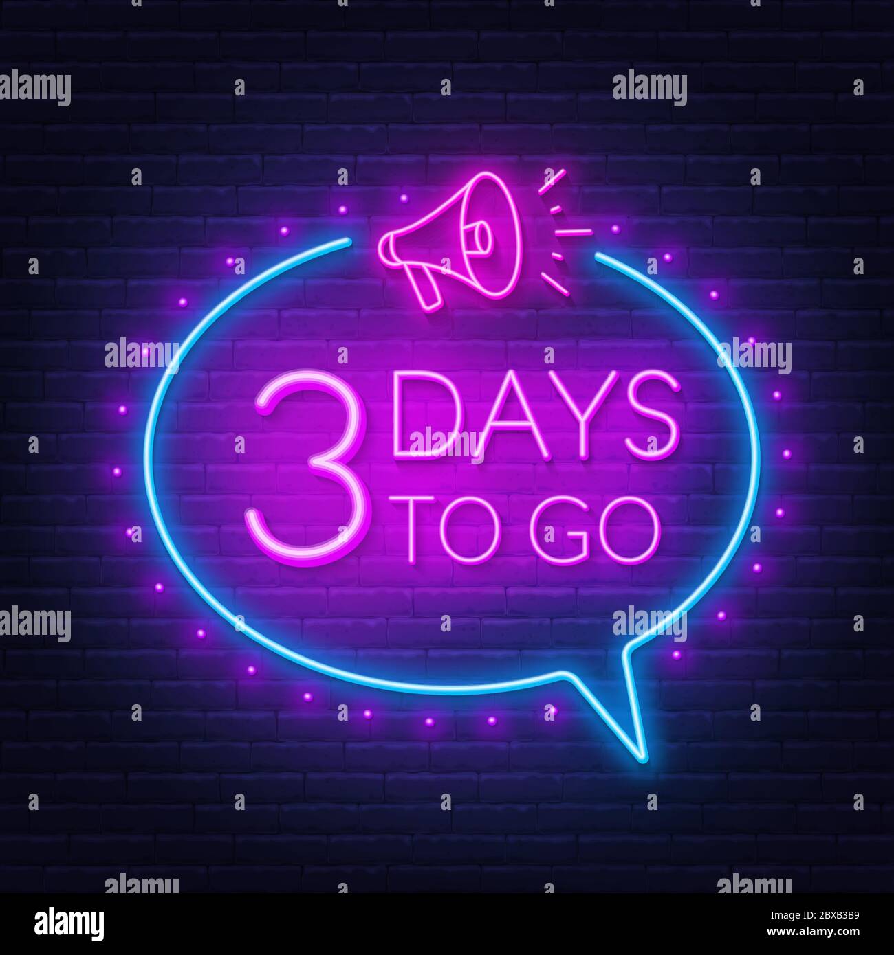 Three days to go neon sign on brick wall background. Vector