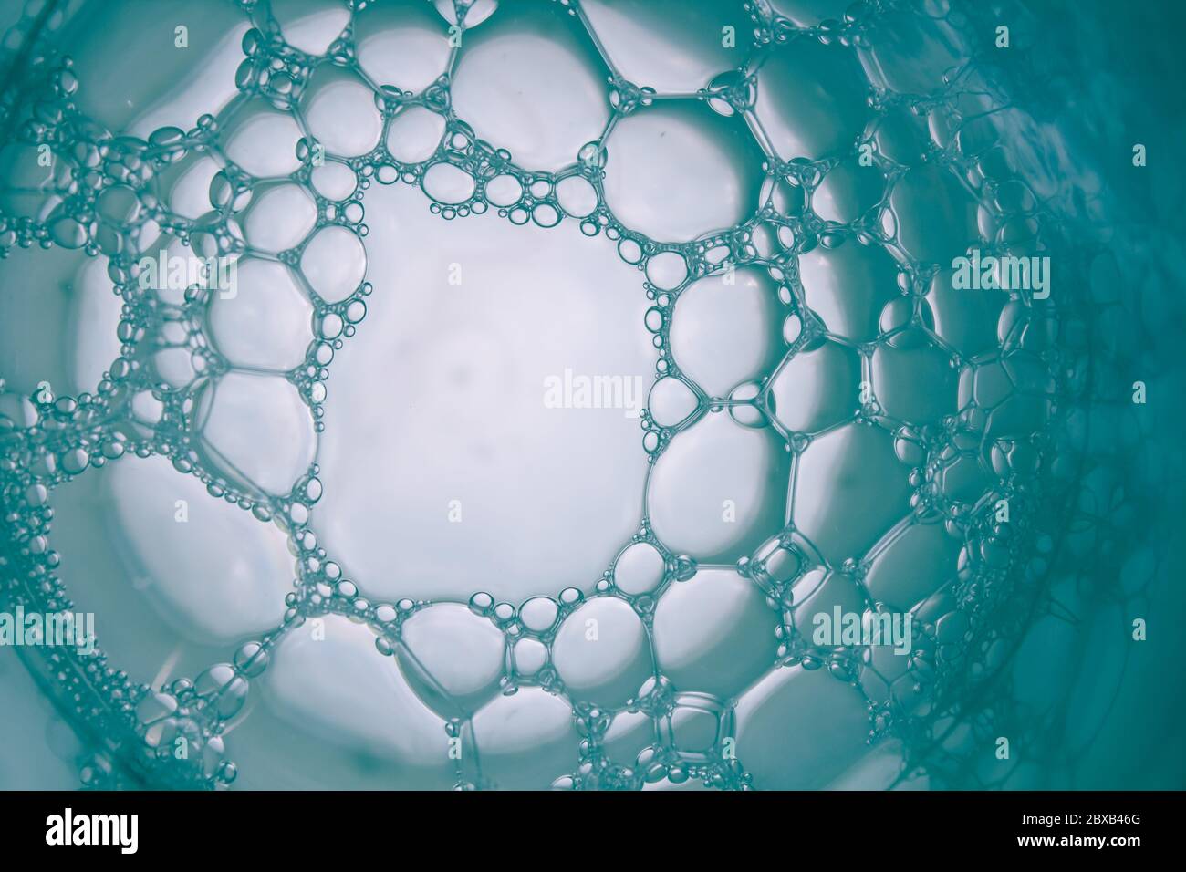 Macro close up of bubbles in glass of water. Scientific, cell membrane Stock Photo