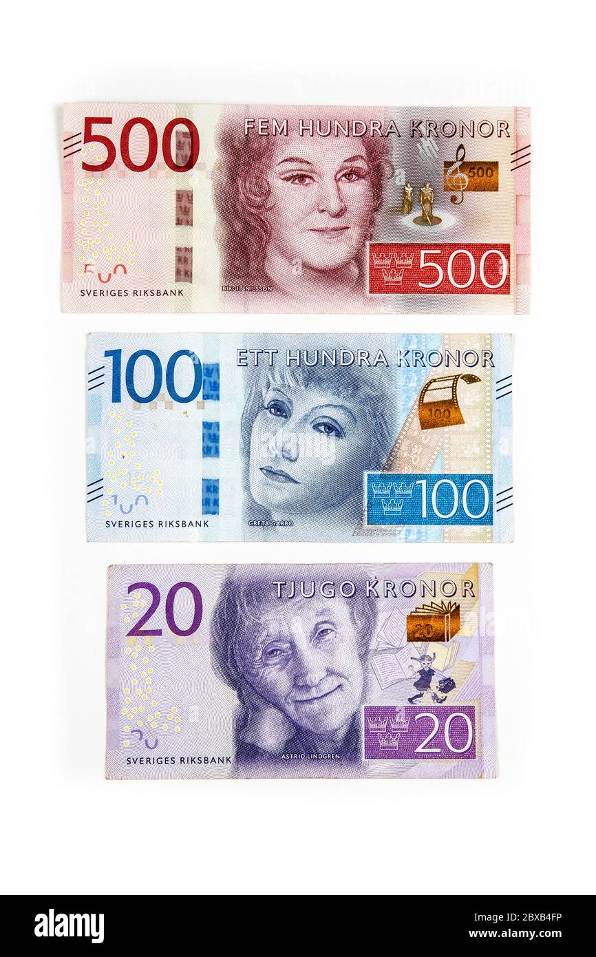 Swedish Krona currency notes, 20, 100, 500 featuring Astrid Lindgren, Greta  Garbo and Birgit Nilsson Stock Photo - Alamy