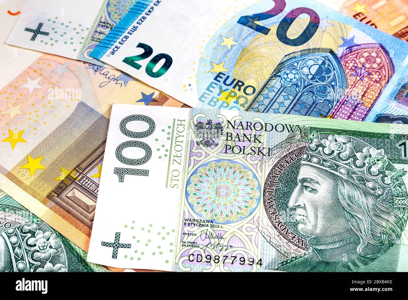 Scattered Polish Zloty PLN and Euro EUR currency notes Stock Photo - Alamy
