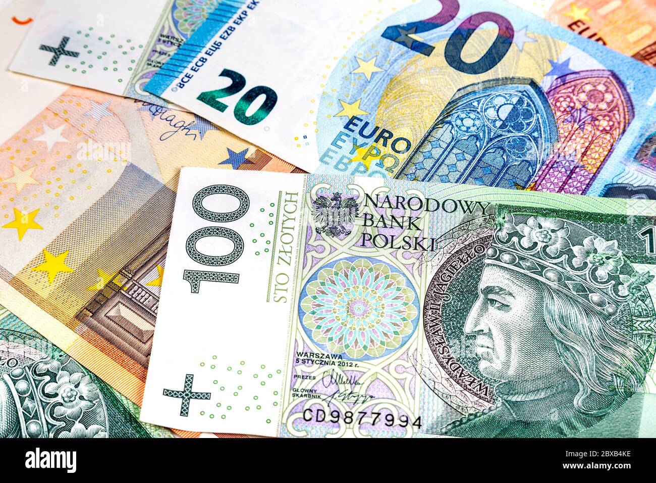 Scattered Polish Zloty PLN and Euro EUR currency notes Stock Photo