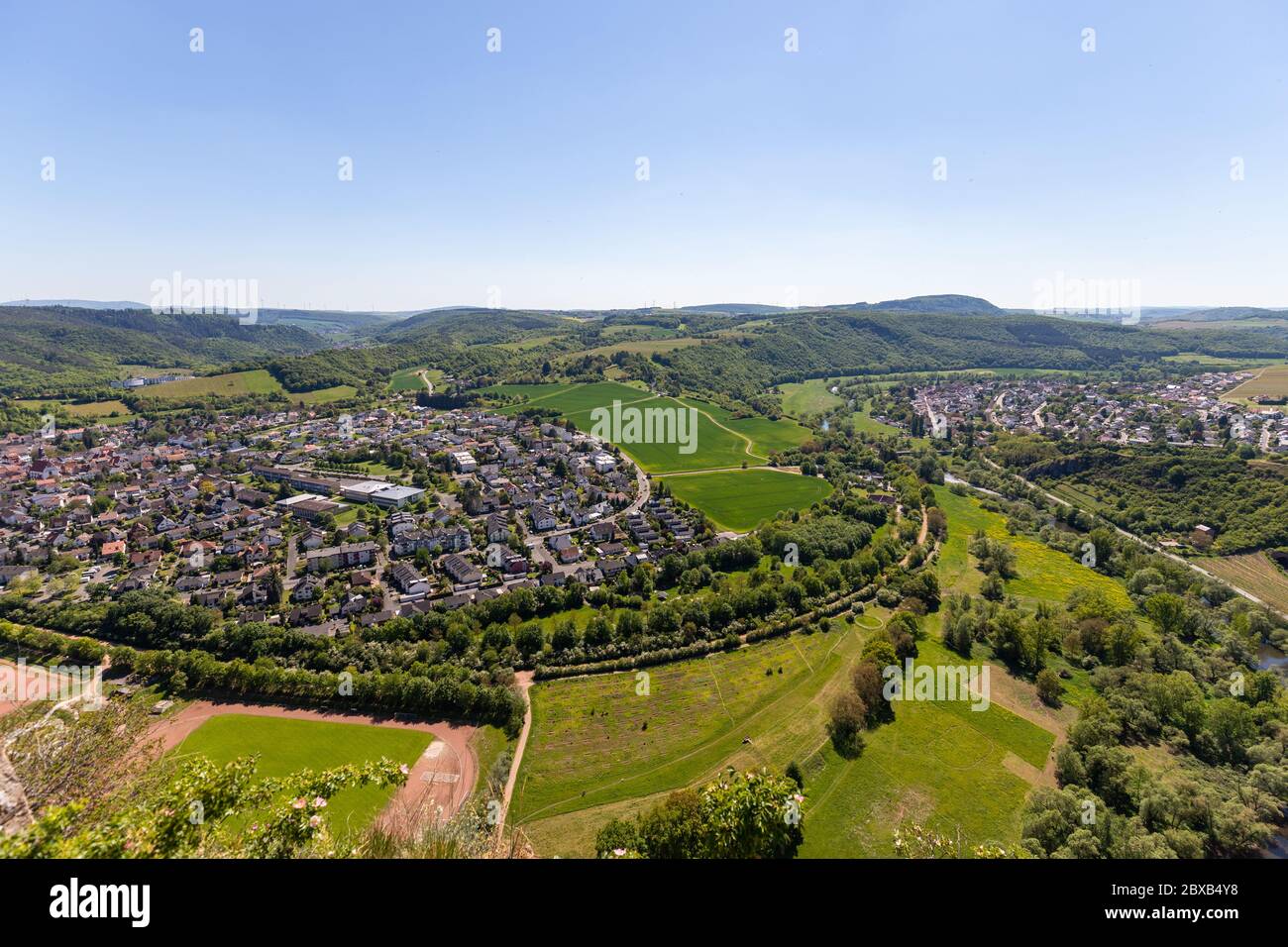 High angle view from the Rotenfels of Bad Muenster am Stein Ebernburg with the Nahe River, Germany Stock Photo