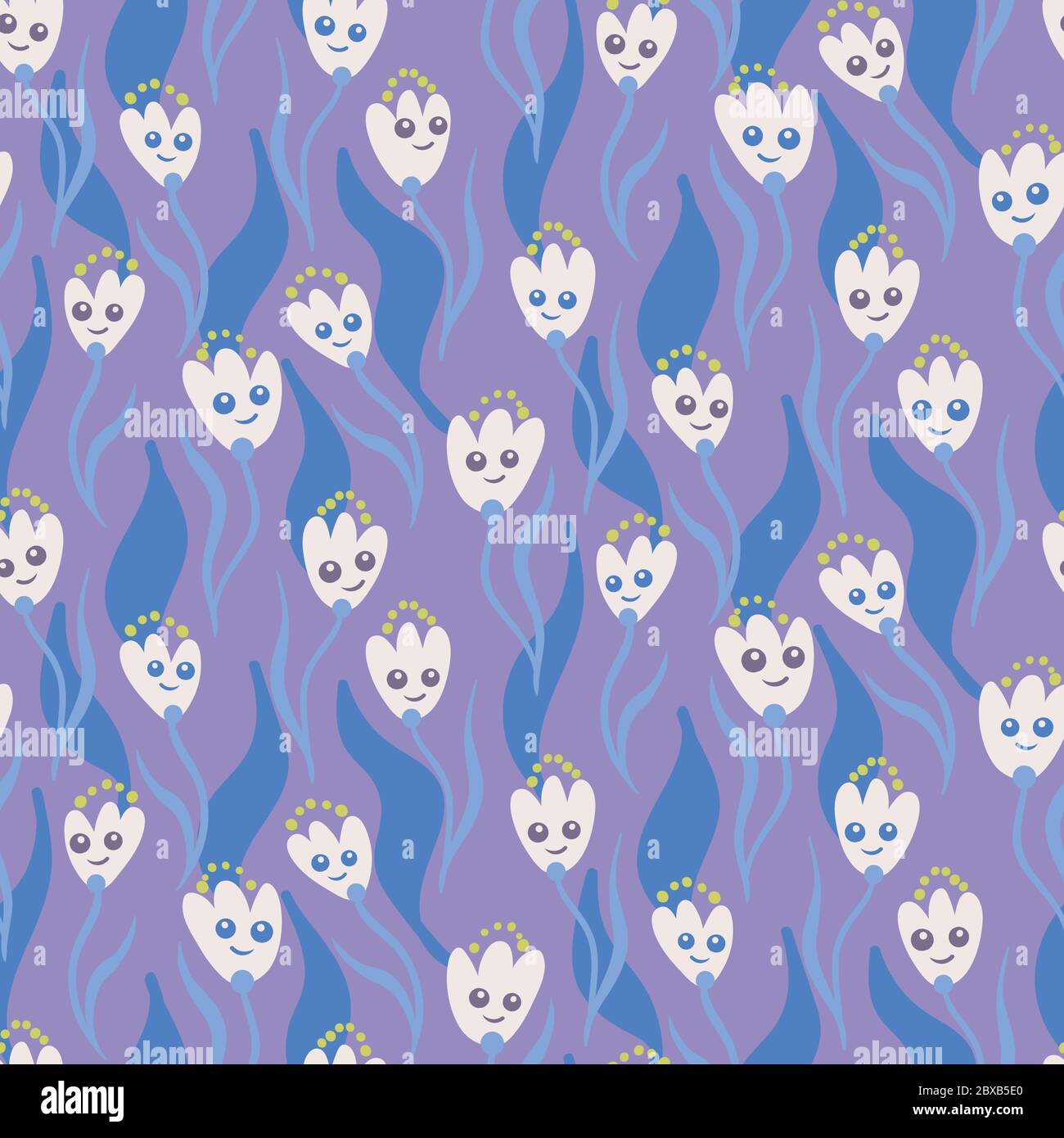 smiling flowers seamless vector purple pattern Stock Vector