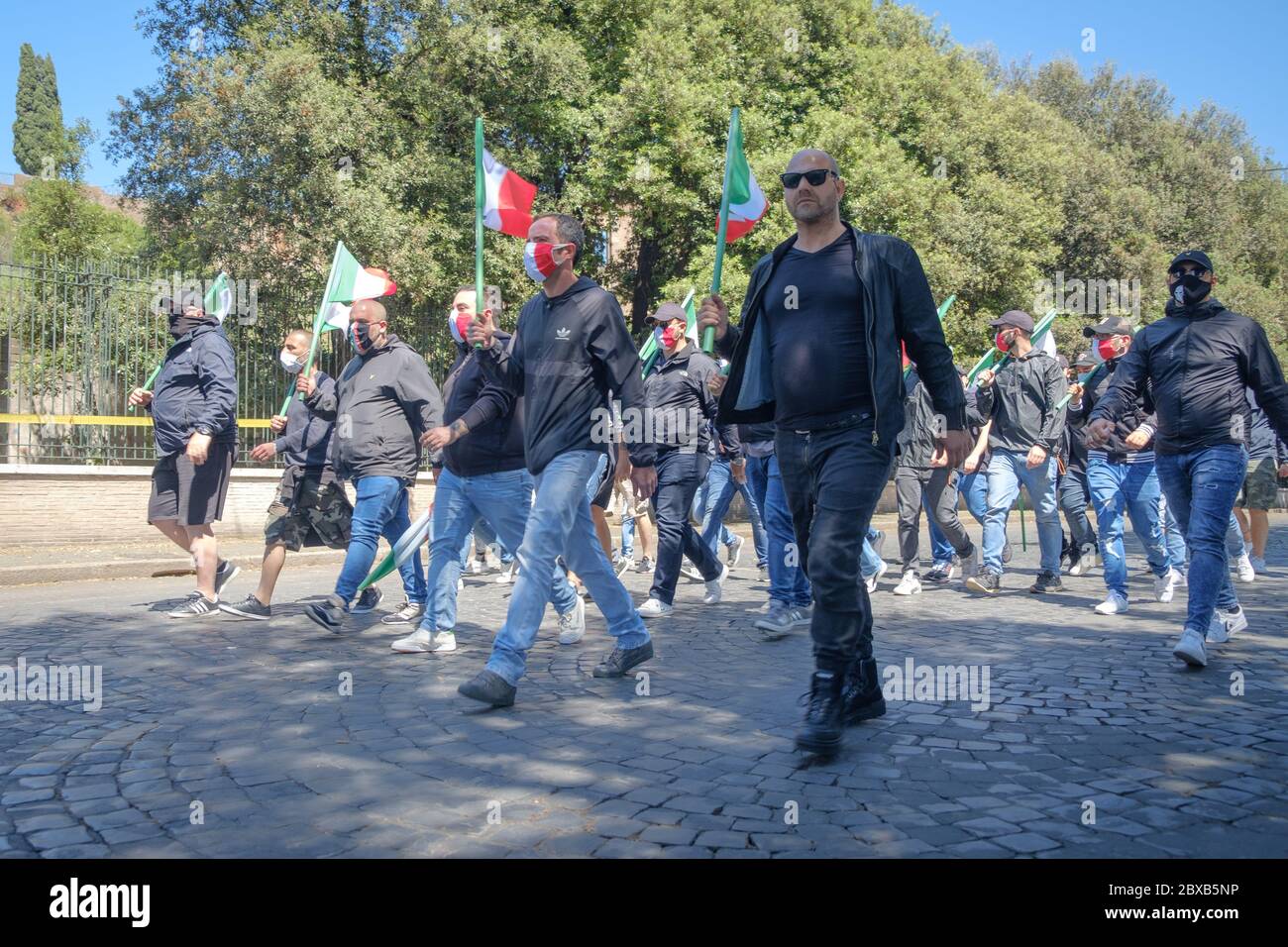 Extreme right-wing people join the populist demonstration of 'Ragazzi d'Italia' near Circo Massimo, Rome, Italy, June 6th, 2020. Stock Photo