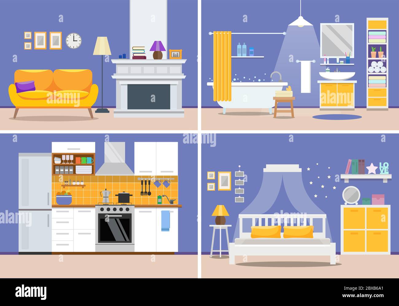 Modern Kitchen Interior. Vector Illustration Kitchen Purple