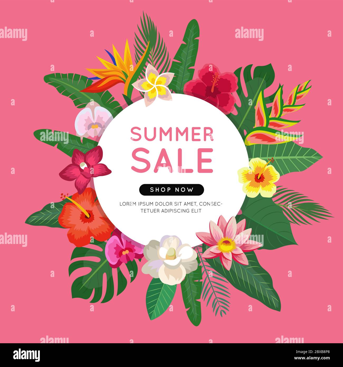 Summer sale colorful banner with tropical flowers and leaves. Circular ...