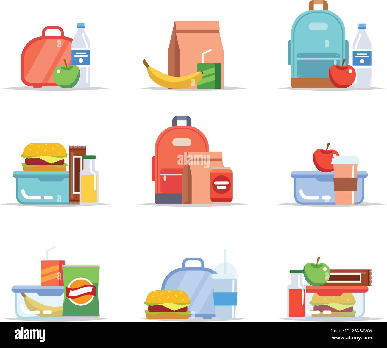 Lunchbox - different types of lunches, school meal and snack, children s lunch trays with fruits, hamburgers, water Stock Vector