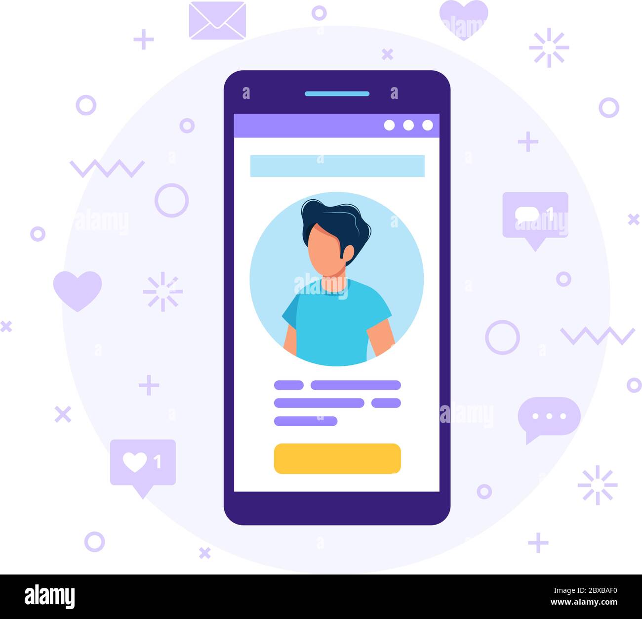 Social media profile. Smartphone with a man avatar, text and button ...