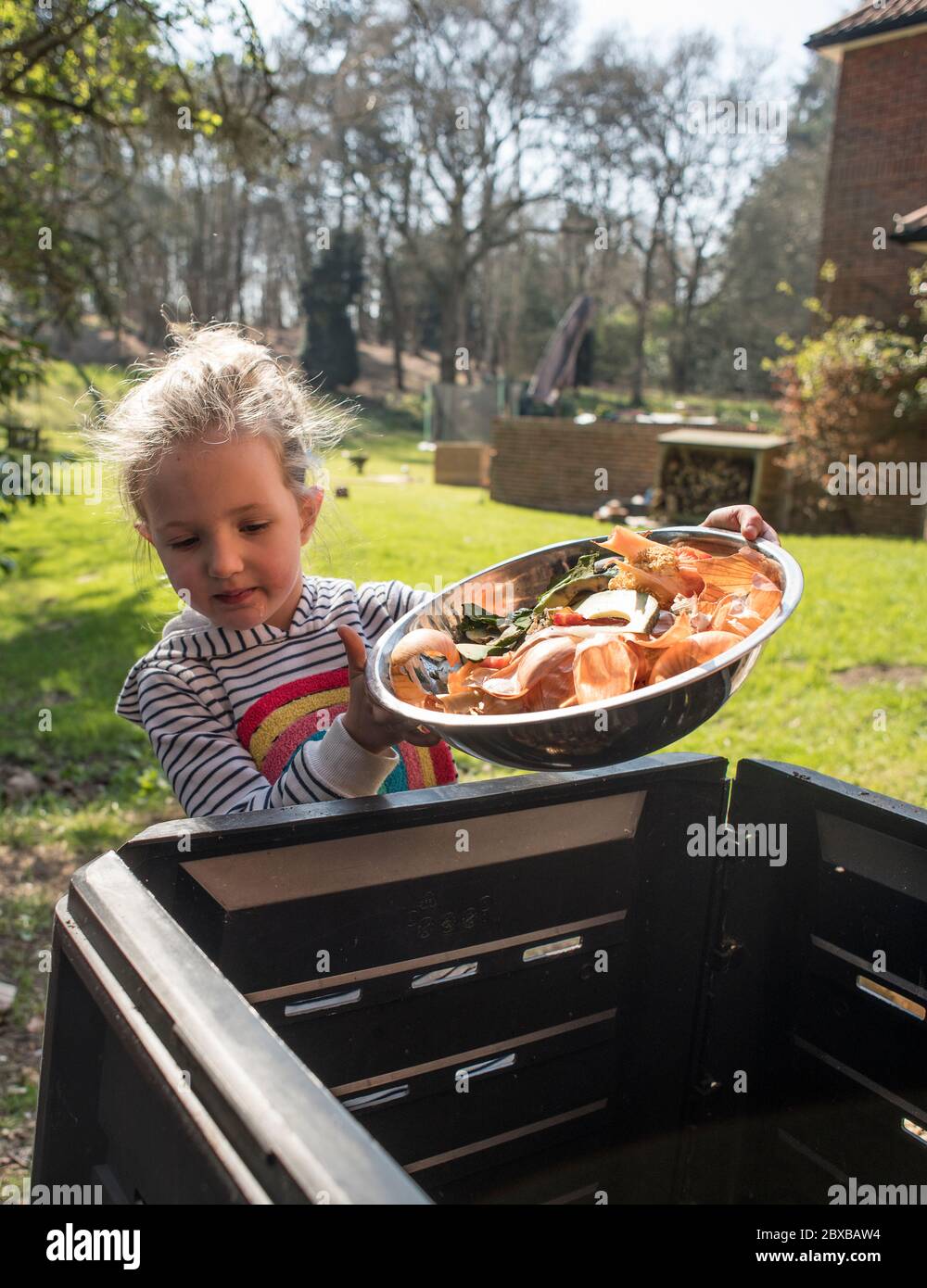 Corona composting, 4 year old pre-school girl emptying out the compost bin, getting your child interesting in gardening. Corona lockdown gardening Stock Photo