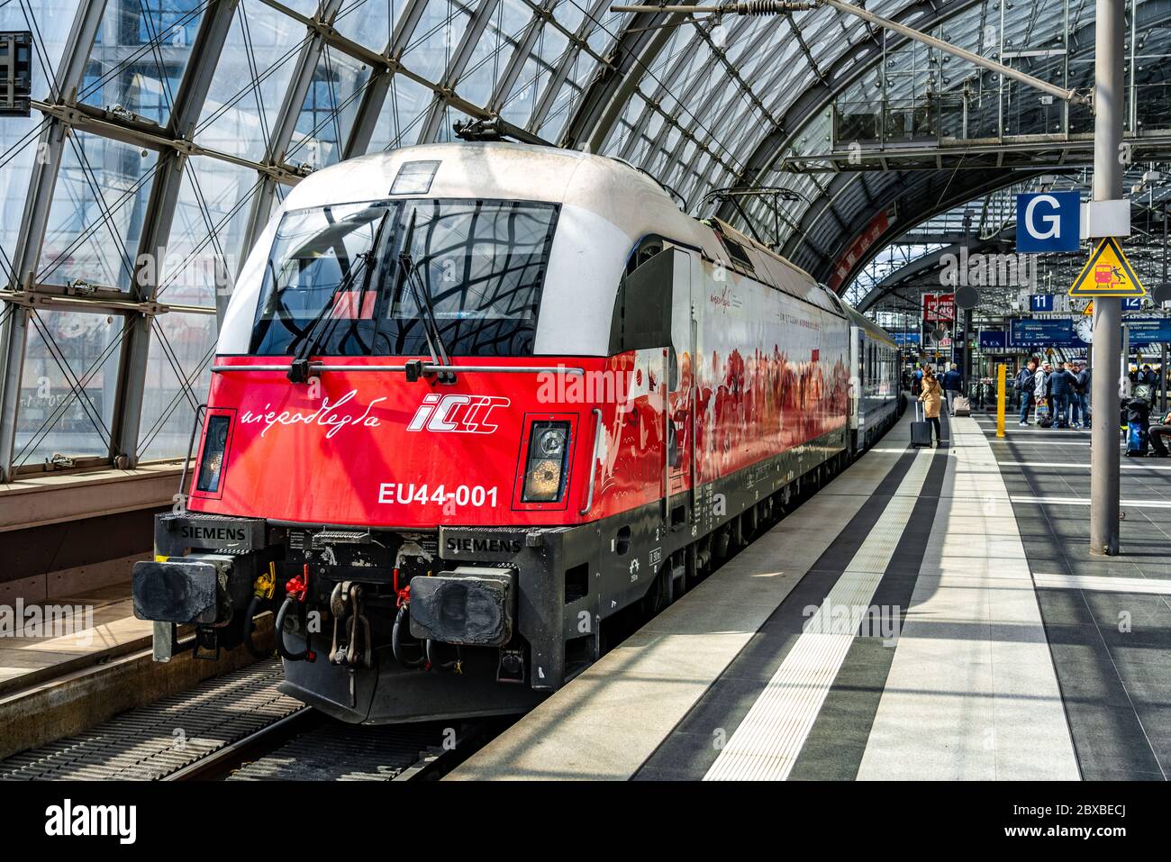 Polish PKP Intercity/Eurocity high speed train is leaving Berlin central station in the direction of Warsaw Stock Photo