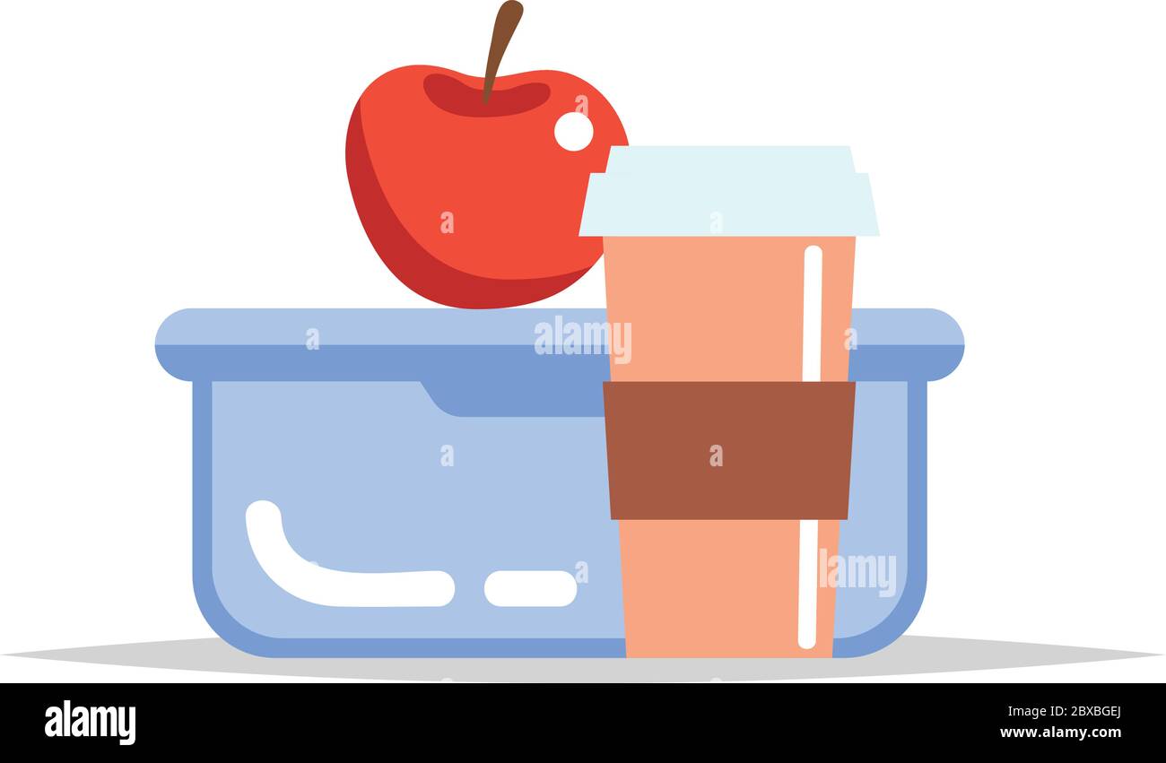 Lunchbox - meal container with coffee cup and an apple. School meal, children s lunch. Vector illustration in flat style Stock Vector