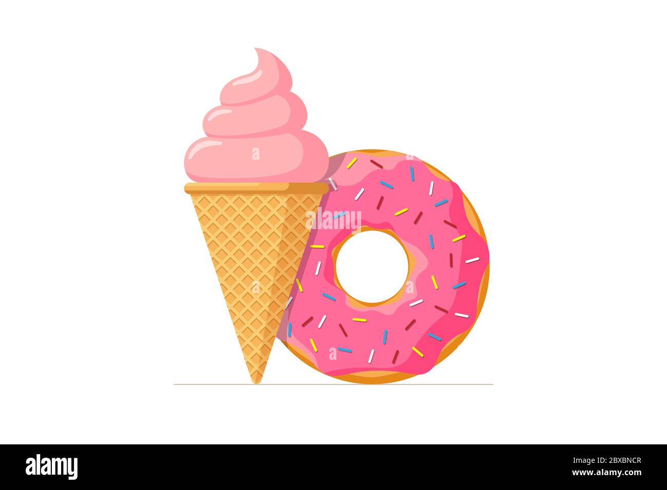 Ice cream waffle cone and donut with pink icing and sugar sprinkles