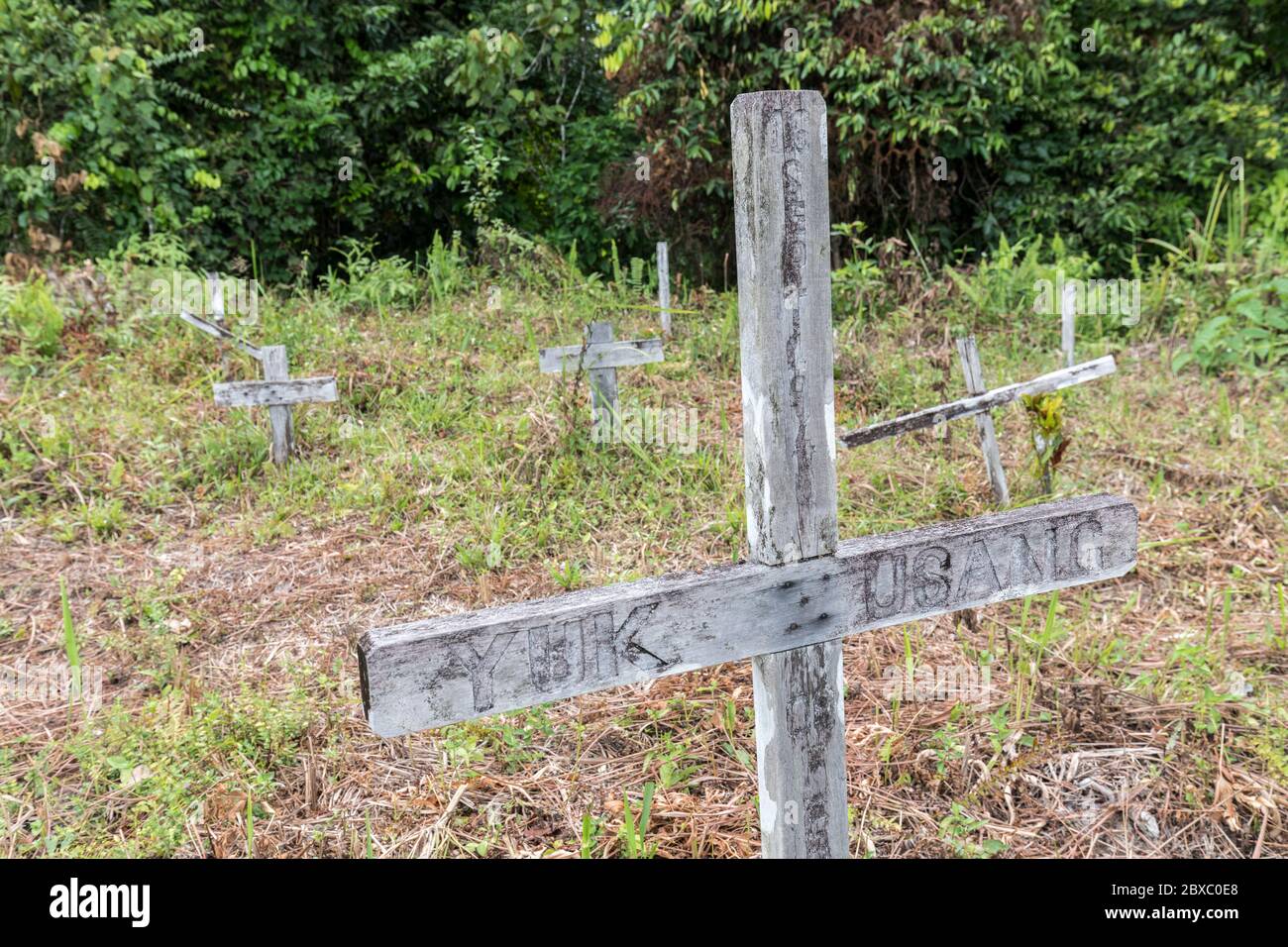 Simple wooden crosses in graveyard burial ground for local village to Gunung Mulu National Park, Sarawak, Malaysia Stock Photo