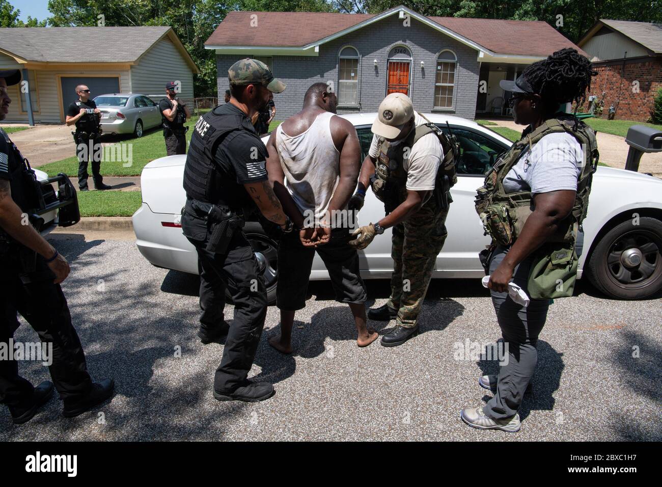 U.S. Marshals and Memphis Police arrest suspects wanted for violent offenses during the two-week long Operation Bluff City Blues August 12, 2019 in Memphis, Tennessee. The initiative resulted in the arrests of 214 individuals in West Tennessee. Stock Photo